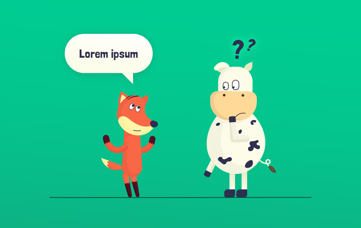 Obrazek przedstawia narysowaną krowę i lisa, który mówi Lorem ipsum.